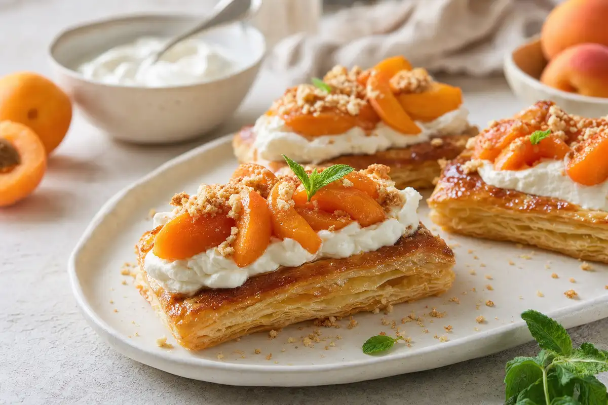 Sfoglie rettangolari caramellate con crema allo yogurt, spicchi di albicocca e briciole di amaretti su piatto