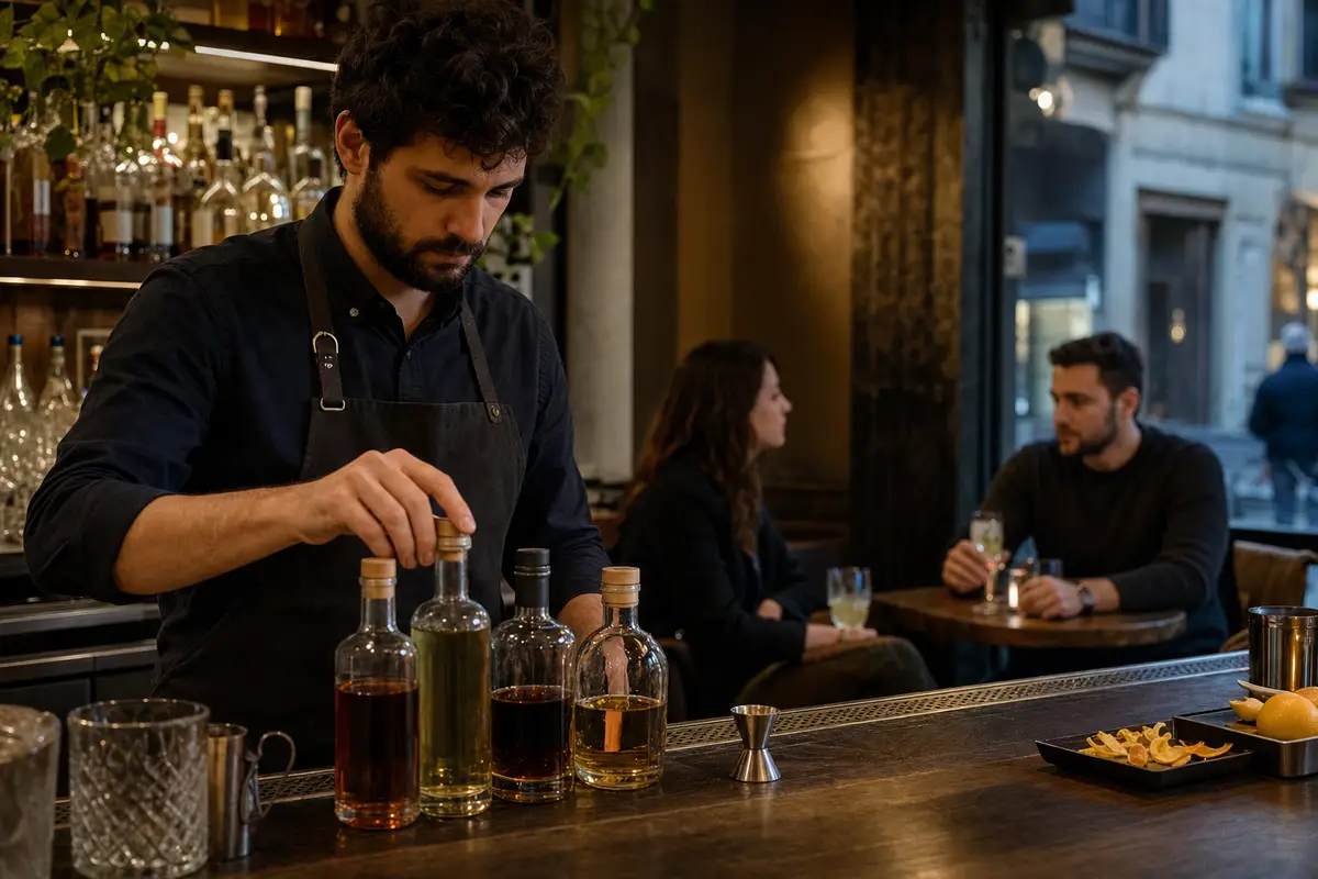 Barman sistema bottiglie di spirits sul bancone di un cocktail bar, con due clienti seduti sullo sfondo