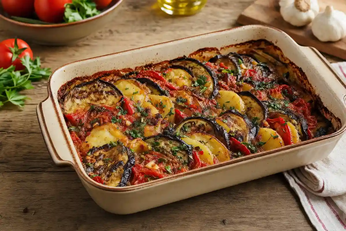 Tiella di verdure al forno in teglia di ceramica con strati di melanzane, patate e pomodori