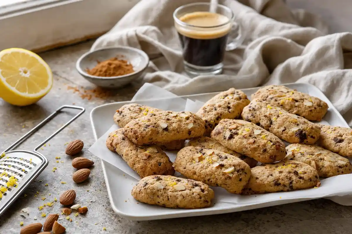 Torroncini rustici alle mandorle e cioccolato su vassoio con carta forno, scorza di limone e caffè sullo sfondo