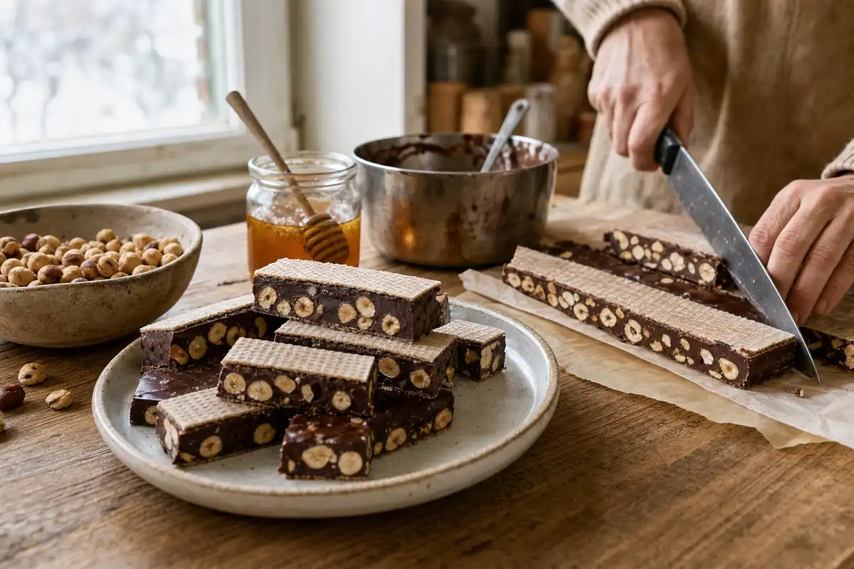 Pezzi di torrone al cioccolato con nocciole su piatto, con coltello che taglia un filoncino su carta forno