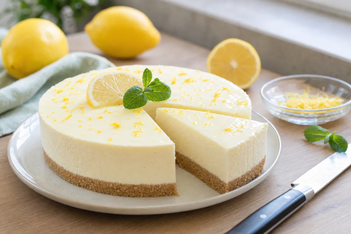 Torta fredda al limone con fetta tagliata, base di biscotti e crema chiara, guarnita con menta e scorza di limone