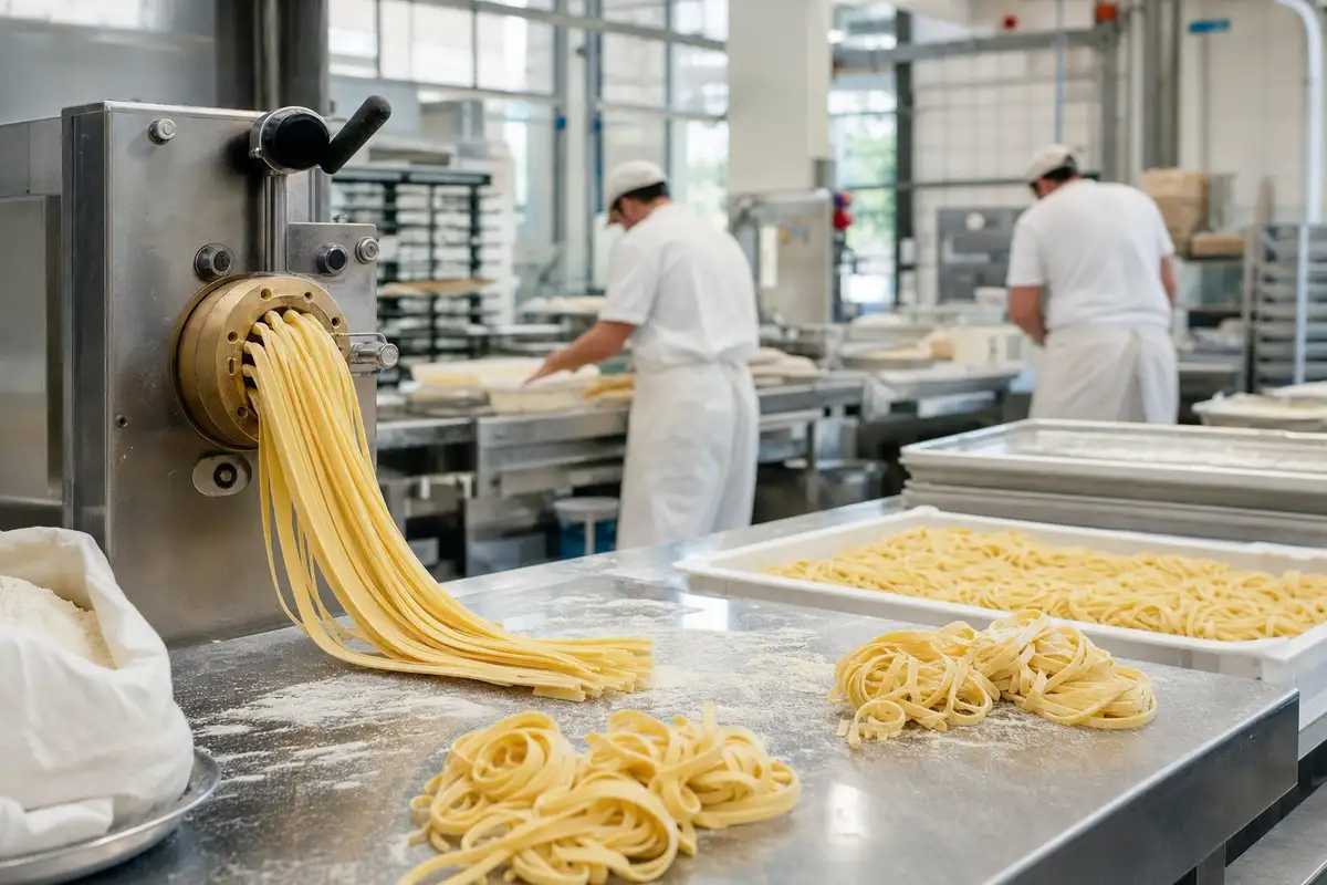 Pasta fresca estrusa da una macchina in acciaio su banco infarinato, con operatori al lavoro in un laboratorio
