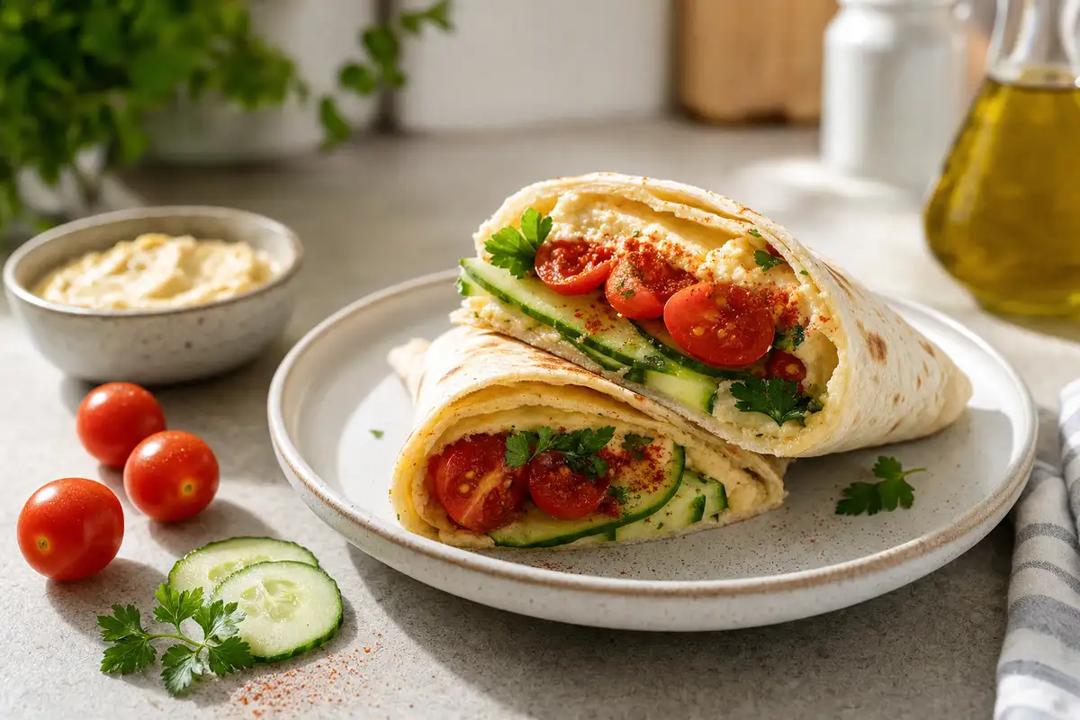 Wrap vegetariano tagliato a metà con hummus, cetrioli e pomodorini su piatto, con ciotolina di hummus