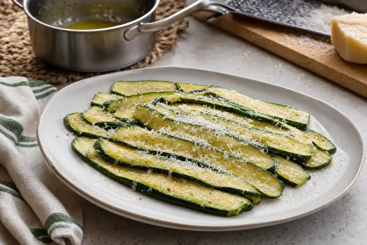 Fette di zucchine condite con burro fuso e formaggio grattugiato su piatto ovale, con pentolino e grattugia sullo sfondo
