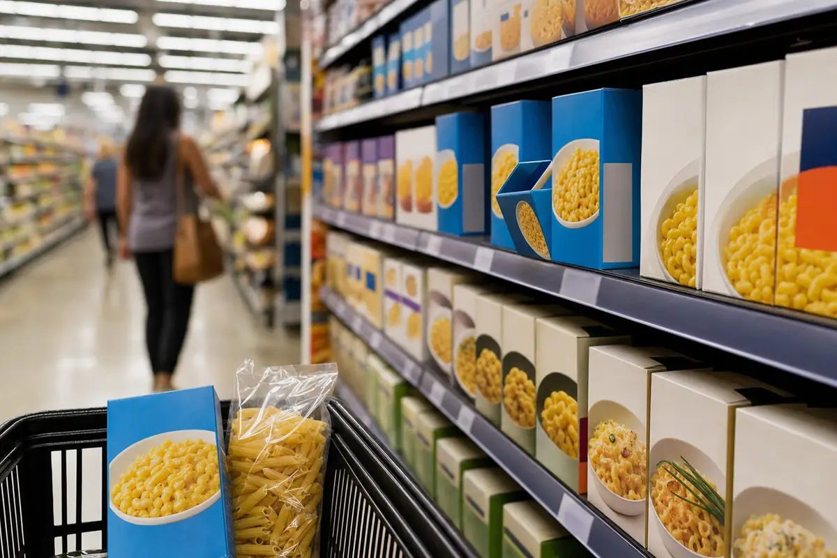 Scaffale di maccheroni al formaggio e pasta in un supermercato, con carrello e cliente sfocata sullo sfondo