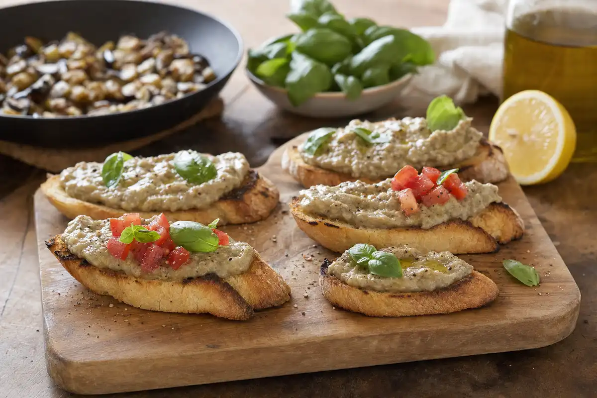 Bruschette su tagliere di legno con crema di melanzane, basilico, olio e cubetti di pomodoro