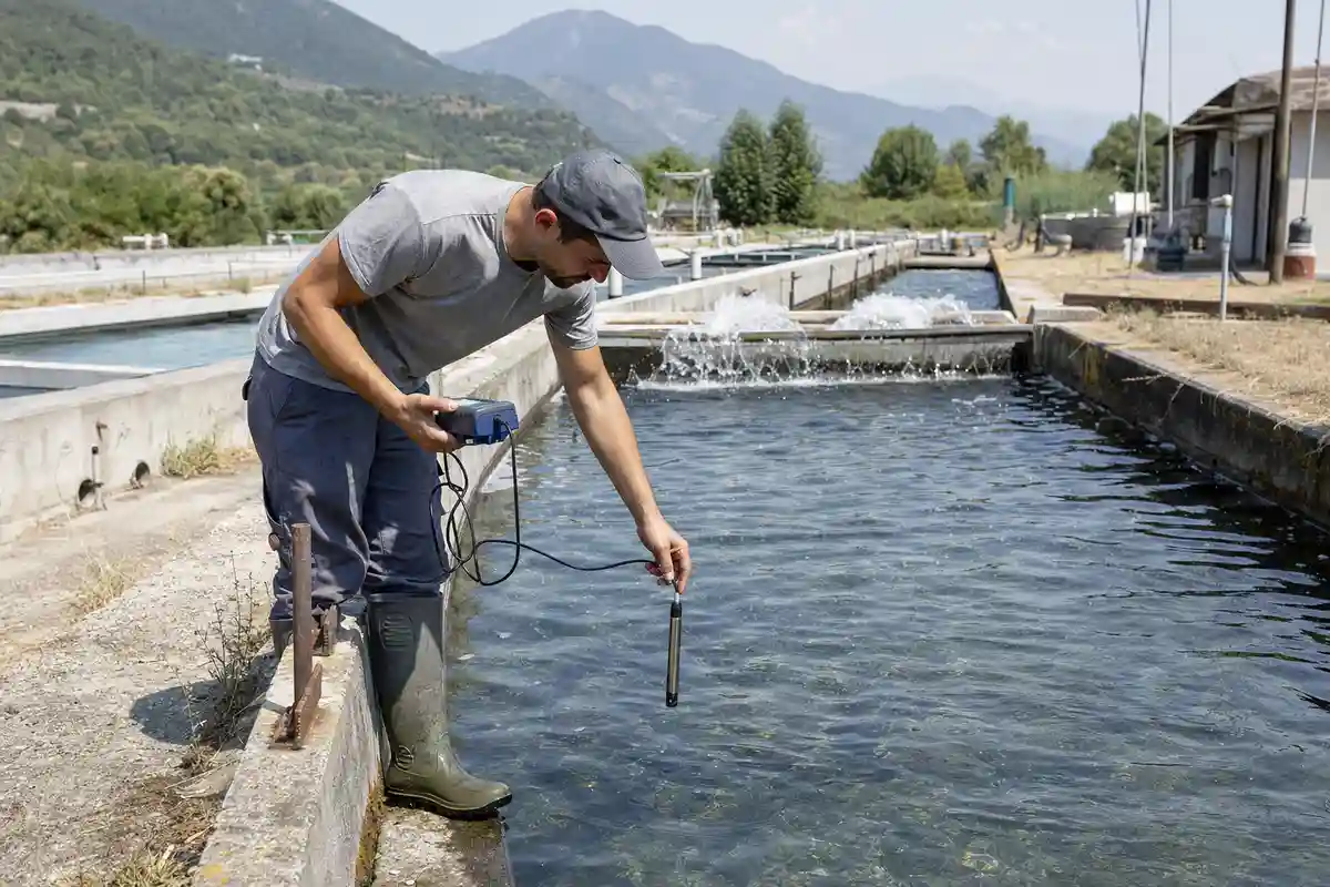 Tecnico controlla l’acqua con una sonda in una vasca di allevamento ittico all’aperto in una giornata estiva