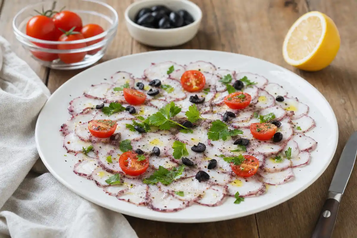 Carpaccio di polpo a fette sottili con pomodorini, olive nere e prezzemolo su piatto bianco
