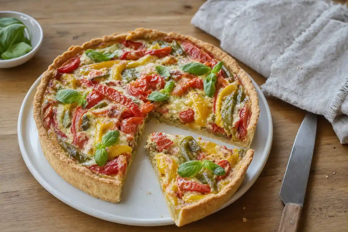Crostata salata con peperoni rossi, gialli e verdi e foglie di basilico, con una fetta tagliata su piatto
