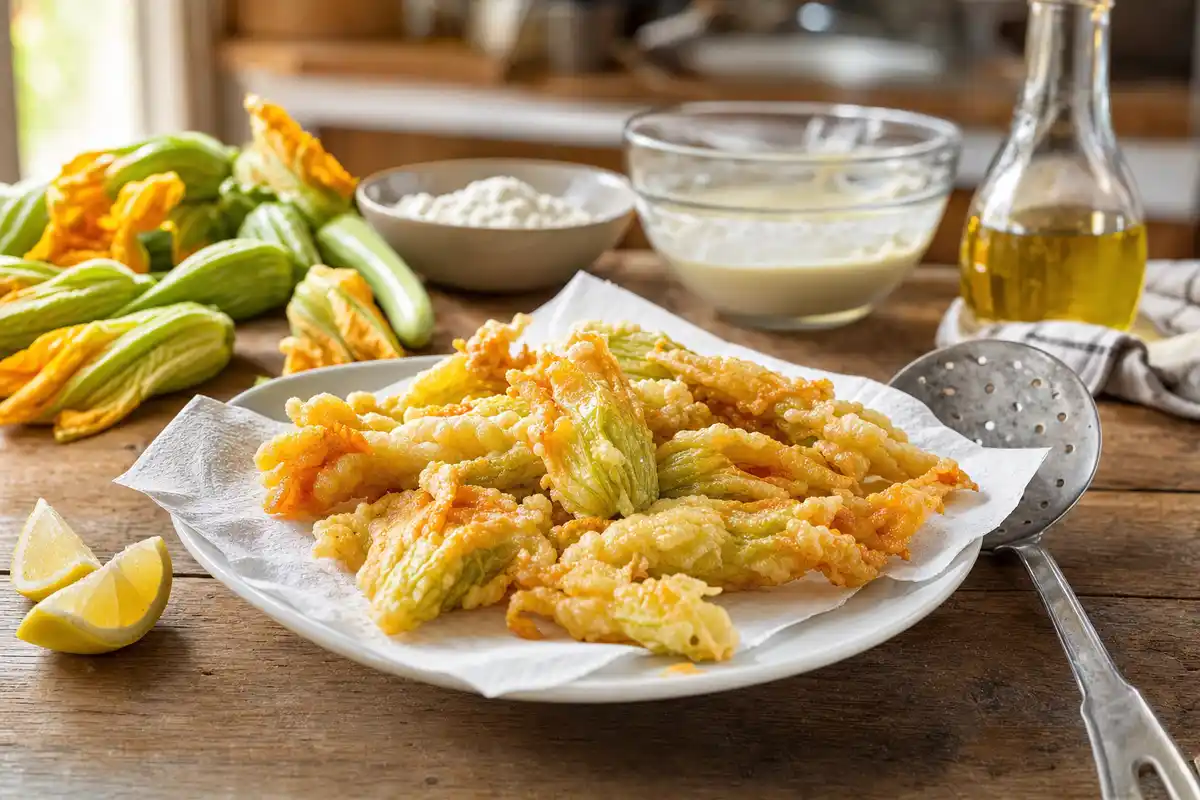 Fiori di zucca fritti in pastella su piatto bianco con carta assorbente, spicchi di limone e utensili da cucina