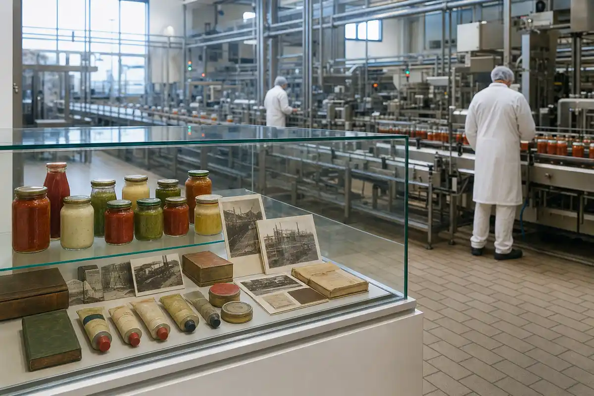 Vetrina con vasetti di sughi e foto d’archivio davanti a una linea di produzione alimentare in fabbrica