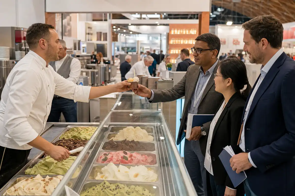 Gelatiere porge una coppetta di gelato a visitatori business davanti a una vetrina con gusti assortiti in fiera
