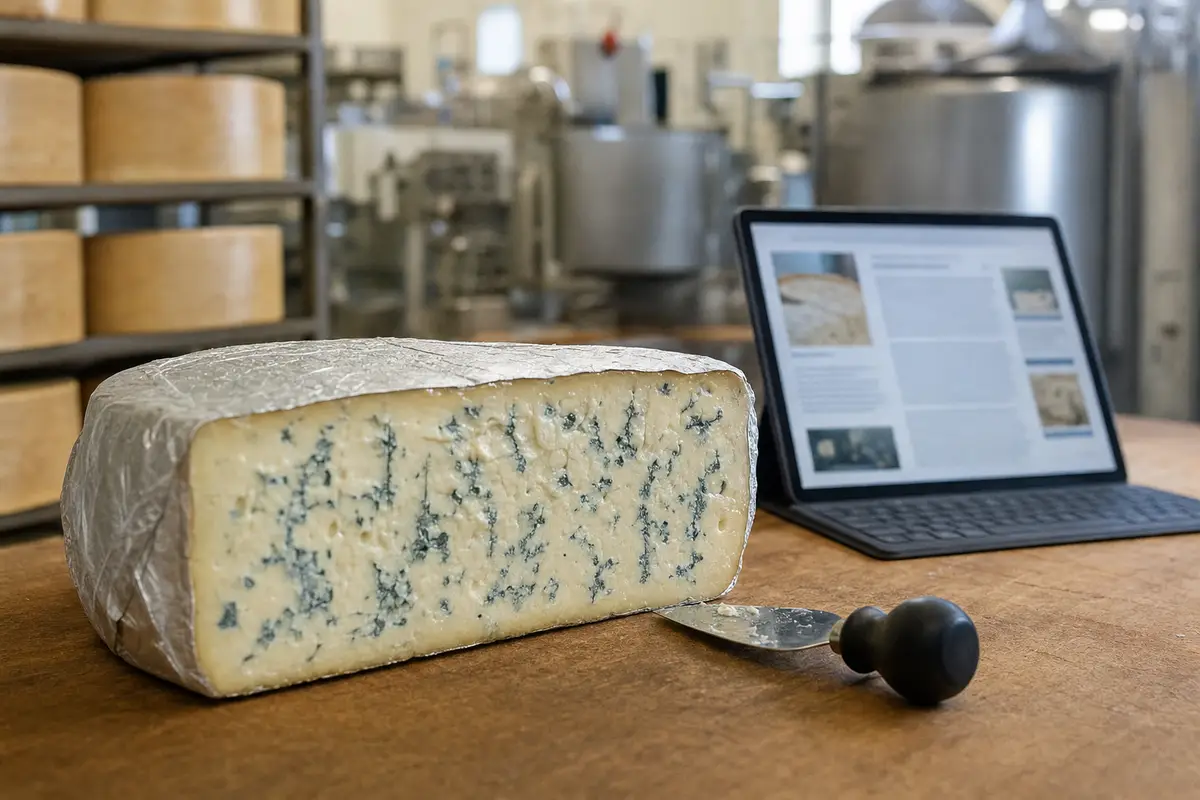 Mezza forma di formaggio erborinato su tavolo con coltello, sullo sfondo un laptop con pagina web sfocata
