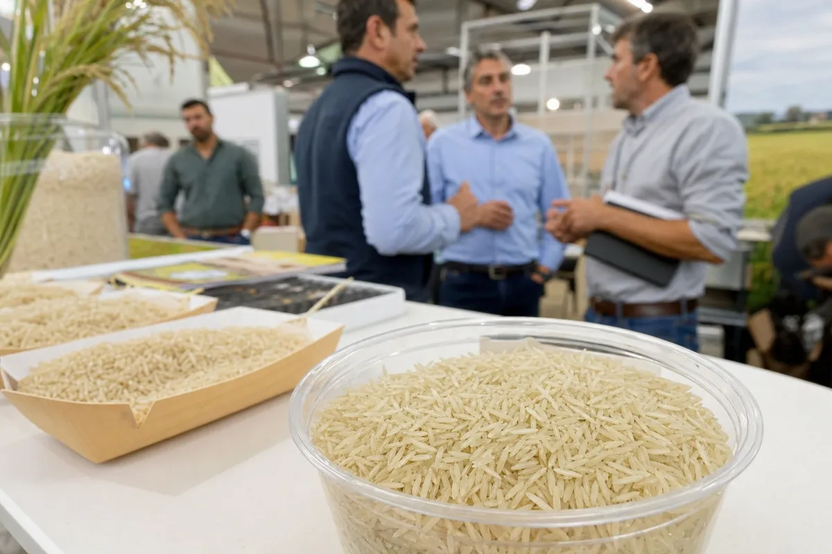 Campioni di riso a chicco lungo in ciotola e vassoi su un tavolo, con operatori che discutono sullo sfondo in fiera