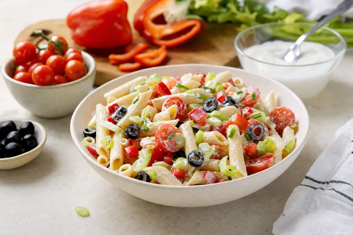 Ciotola di insalata di pasta cremosa con penne, pomodorini, peperone rosso, sedano, olive nere e cipollotto