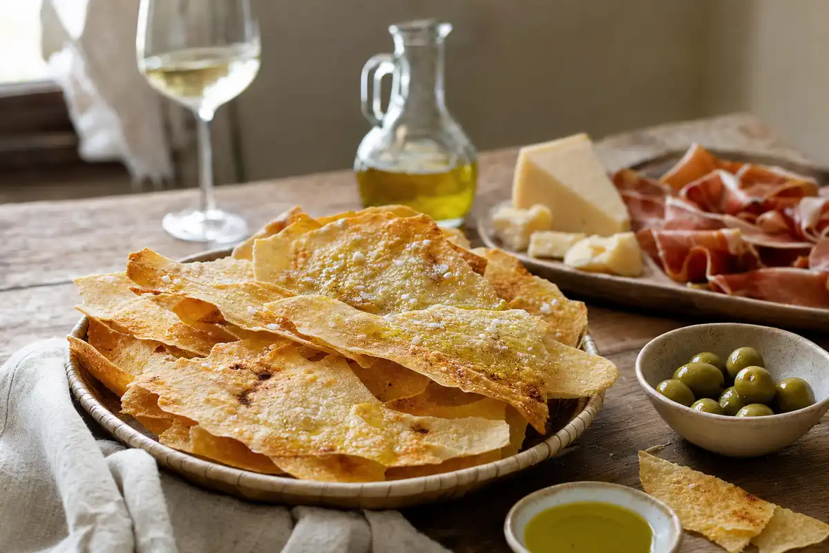 Cestino di pane guttiau croccante con olio e sale, con olive verdi, pecorino, salumi e vino bianco sul tavolo