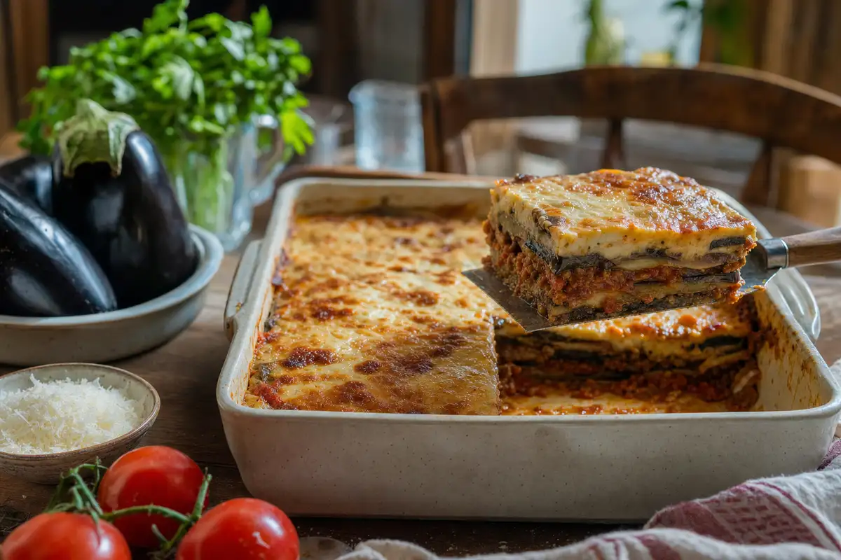 Porzione di pasticcio di melanzane tipo moussakà sollevata dalla teglia, con strati di melanzane e ragù