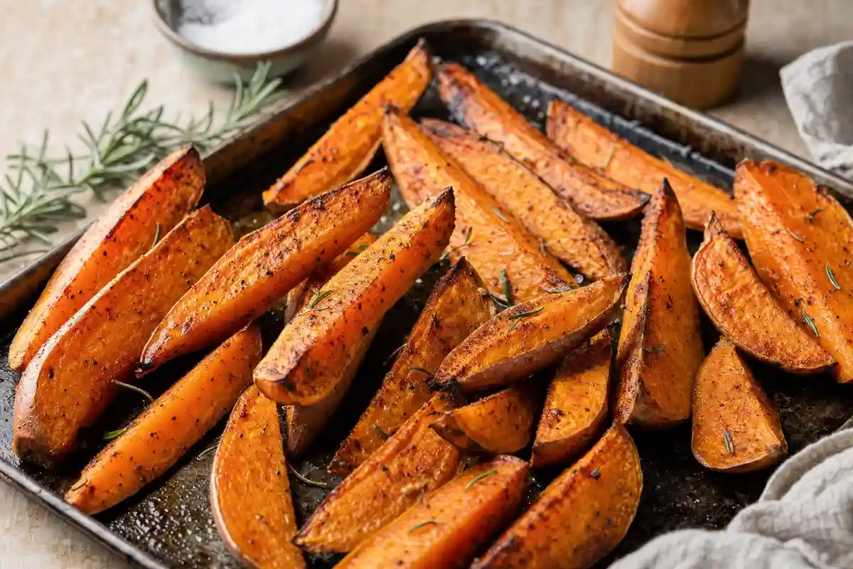 Spicchi di patate dolci al forno su teglia, dorati e caramellati, con rosmarino e pepe nero