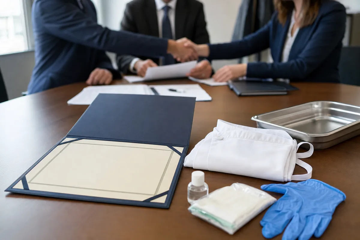 Cartellina con certificato su un tavolo, con grembiule bianco, vassoio inox e guanti blu; sullo sfondo stretta di mano
