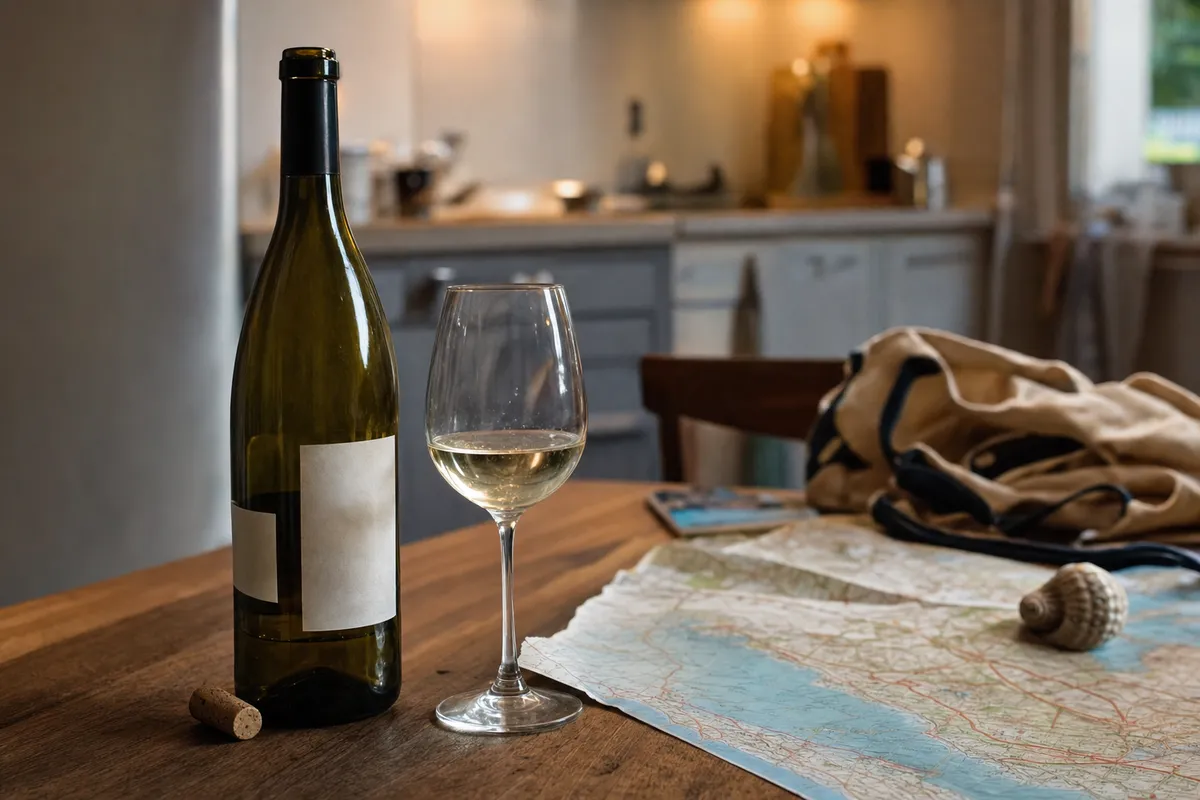 Bottiglia di vino bianco e calice mezzo pieno su un tavolo in cucina, accanto a una mappa e una conchiglia
