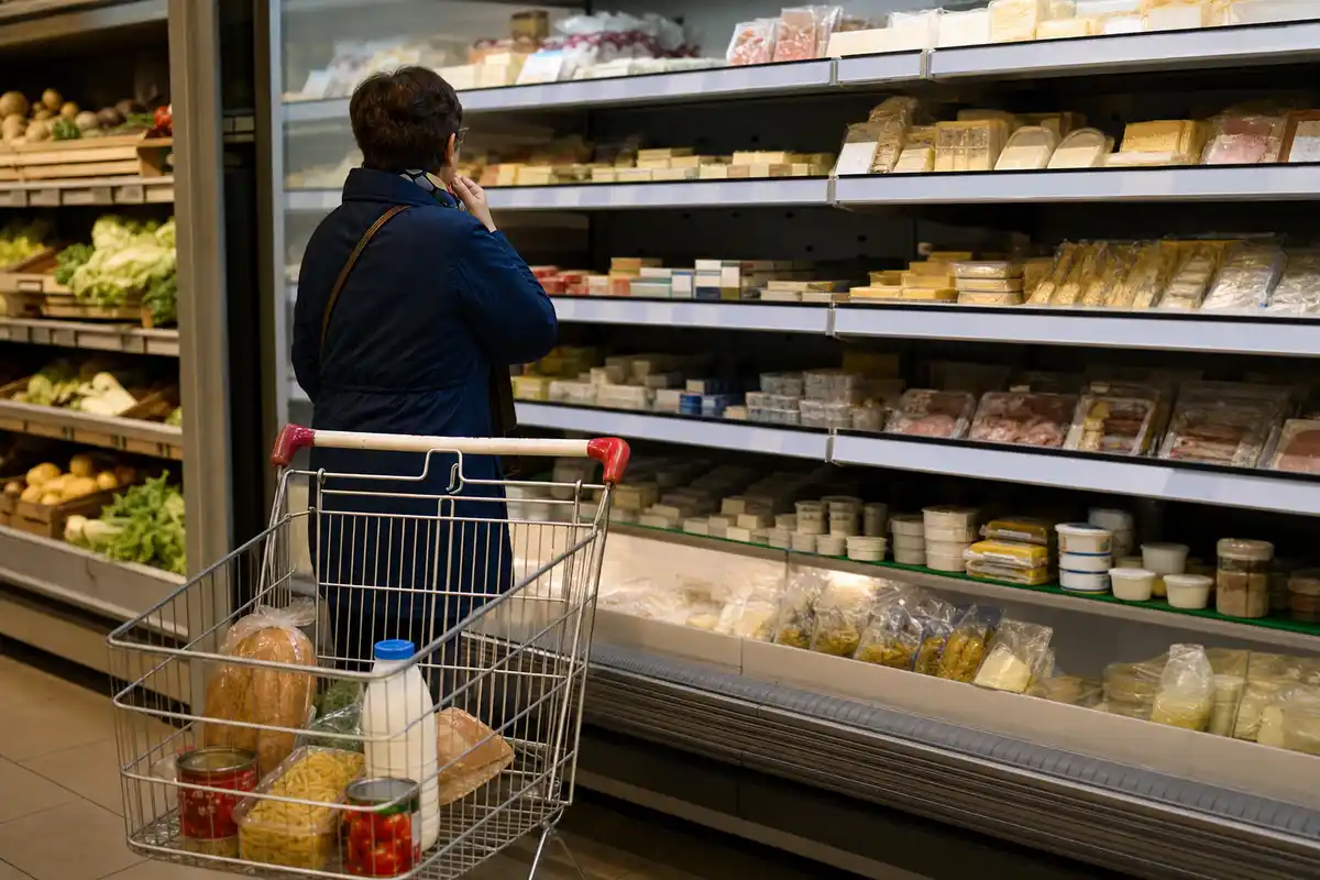 Cliente davanti al banco frigo in supermercato con carrello quasi vuoto con pane, latte e pasta