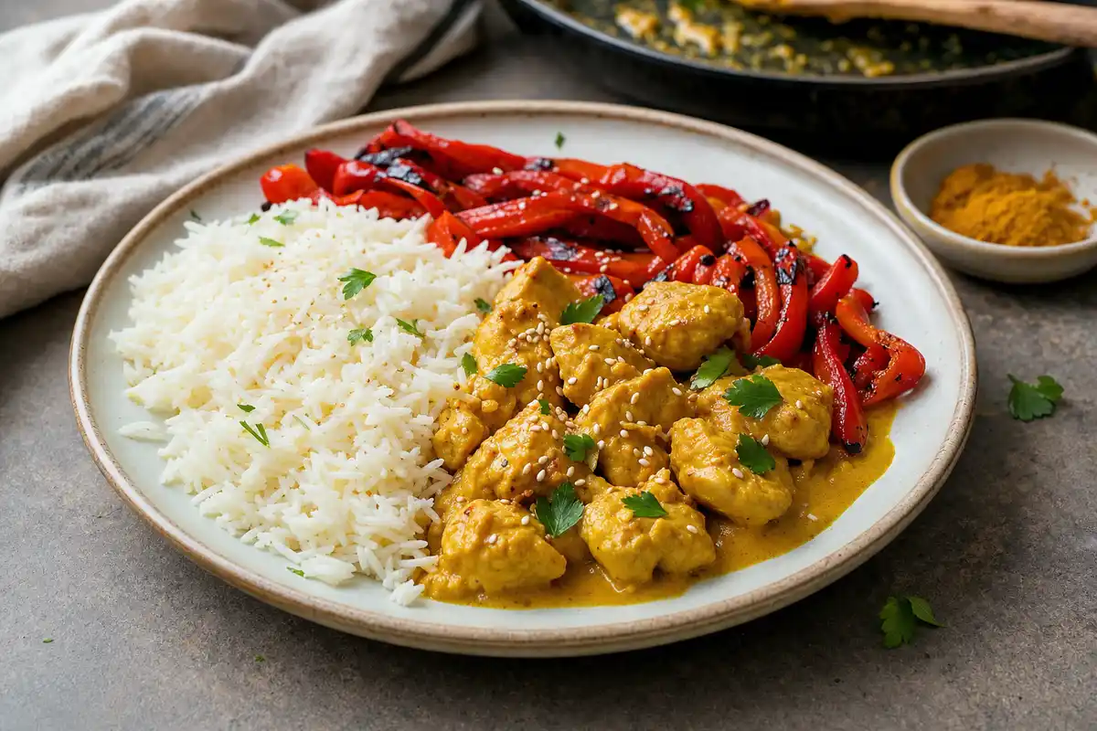 Piatto di riso basmati con bocconcini di pollo al curry e peperoni rossi grigliati, con semi di sesamo