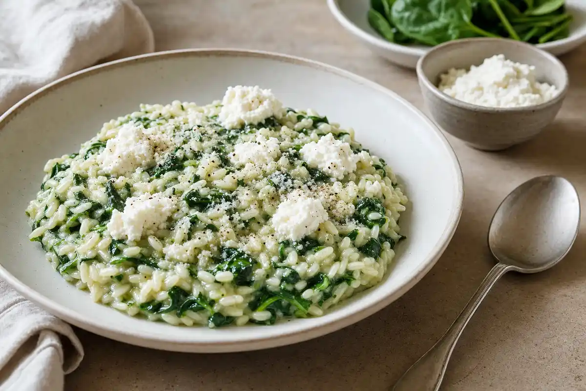 Risotto cremoso ricotta e spinaci in piatto di ceramica, con fiocchi di ricotta, pepe e cucchiaio a lato