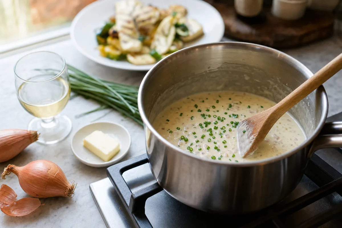 Pentolino con salsa cremosa allo scalogno ed erba cipollina, mescolata con cucchiaio di legno