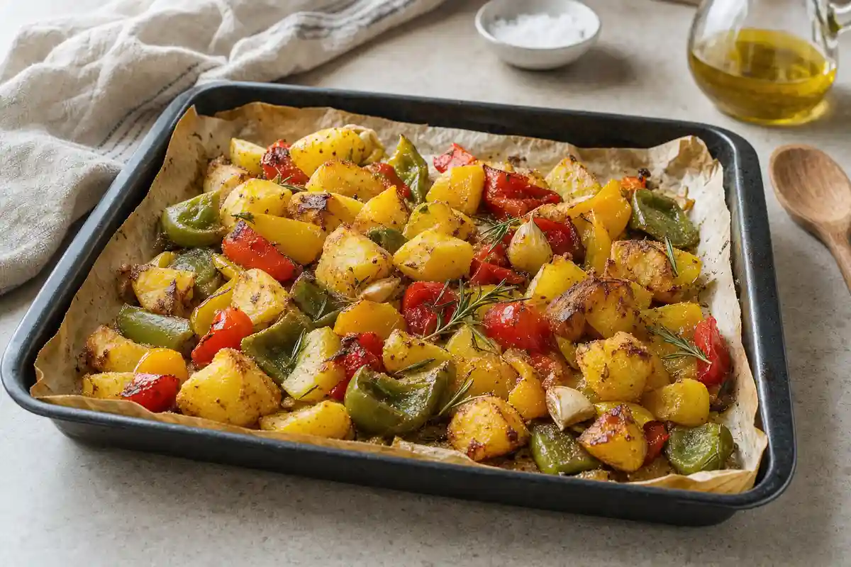 Teglia di patate e peperoni arrostiti con rosmarino e spicchi d’aglio su carta forno
