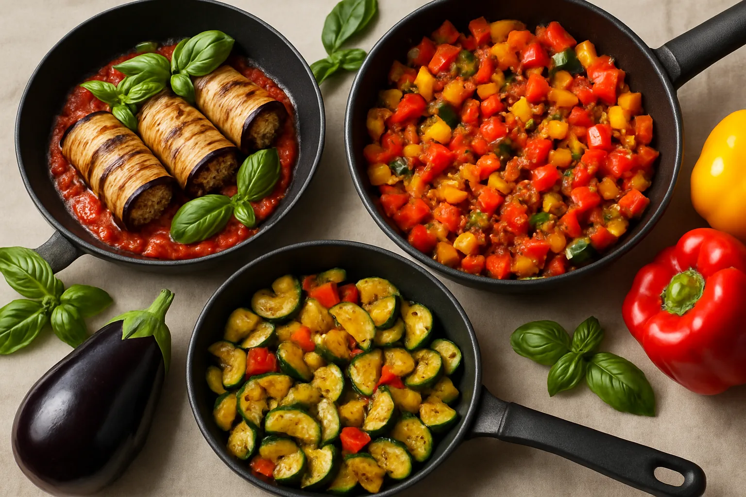 Verdure estive in padella: melanzane a scarpone e paccheri all'ortolana senza friggere