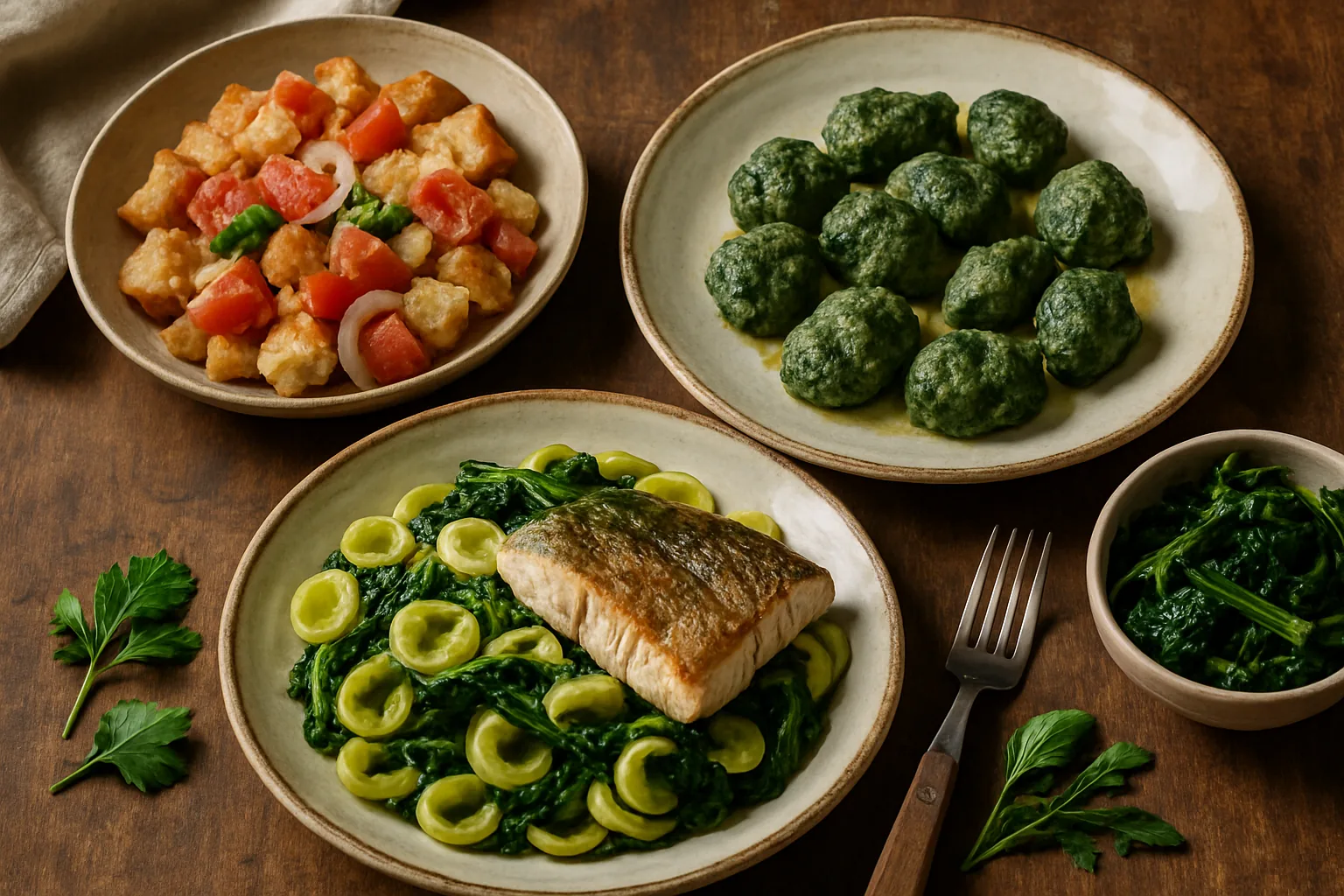 Piatti tradizionali italiani rispolverati: acquasale pugliese, malfatti al cavolo nero, pasta con cime di rapa e ombrina